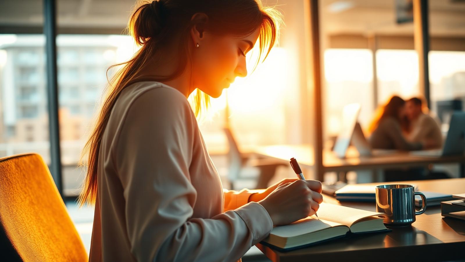 Profissional escrevendo três linhas em um diário emocional na mesa do escritório, banhada pela luz dourada do fim de tarde