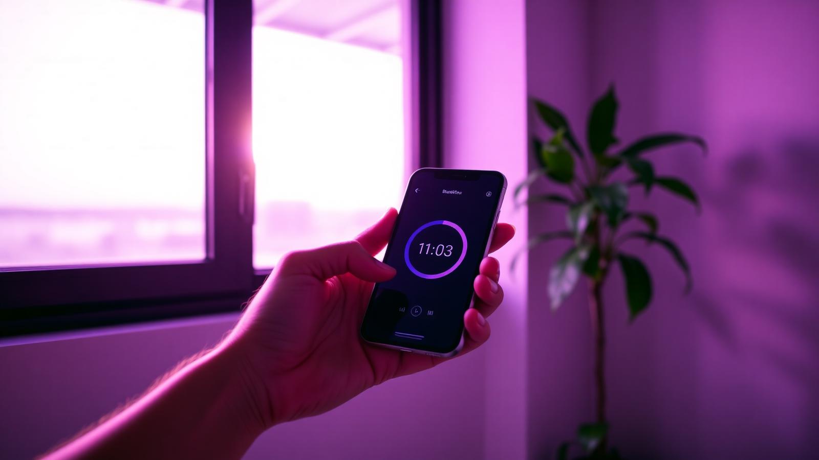 Mão segurando celular com cronômetro de pausa guiada junto a uma janela de escritório iluminada por luz violeta suave