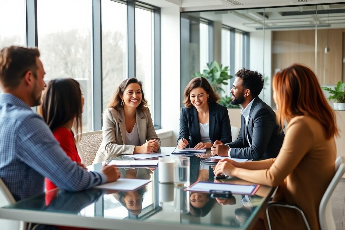 Equipe diversa em reunião conduzida por liderança emocionalmente inteligente
