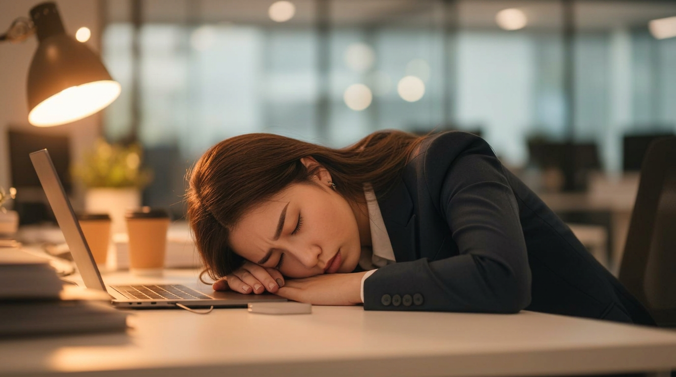 Profissional exausto no escritório mostrando sinais de burnout e esgotamento profissional