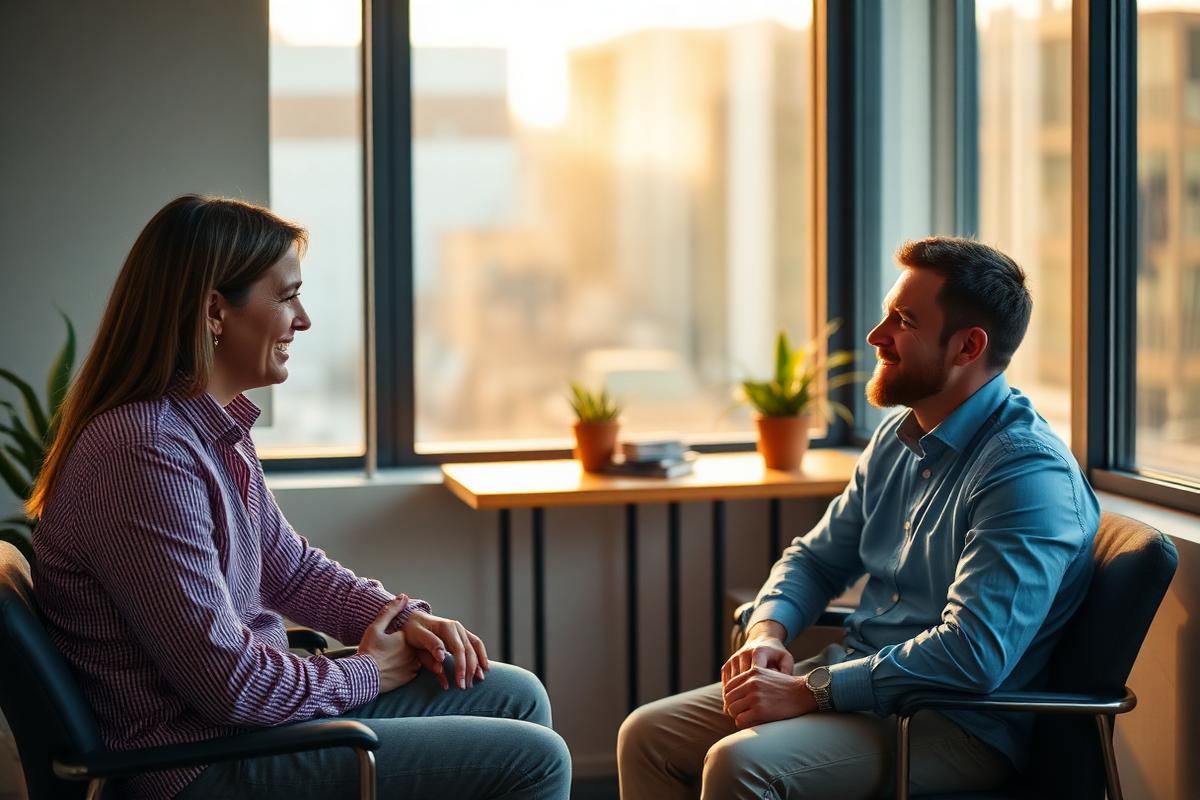 Líder e integrante do time conversando com atenção em uma sala iluminada por luz alaranjada de fim de tarde