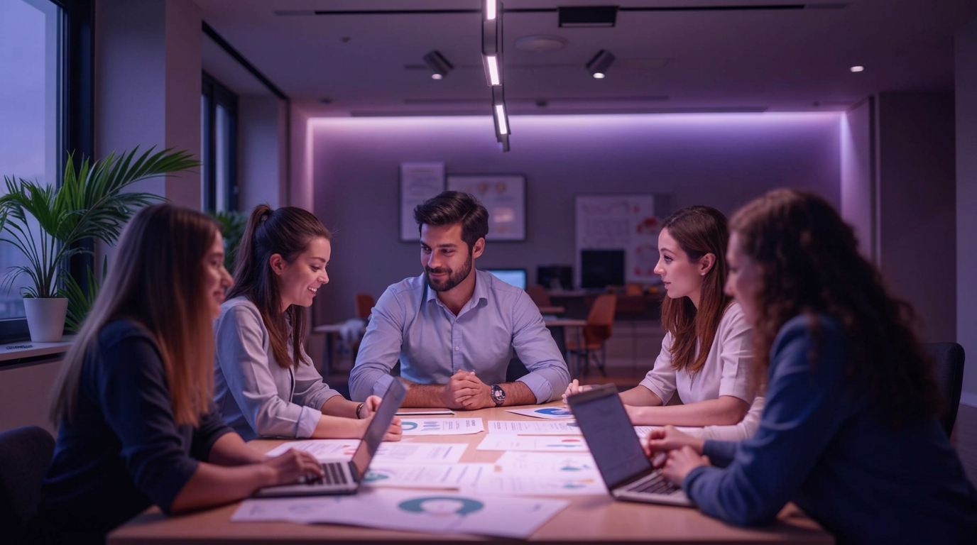 Equipe corporativa analisando dados de diagnóstico de riscos psicossociais em ambiente de escritório moderno