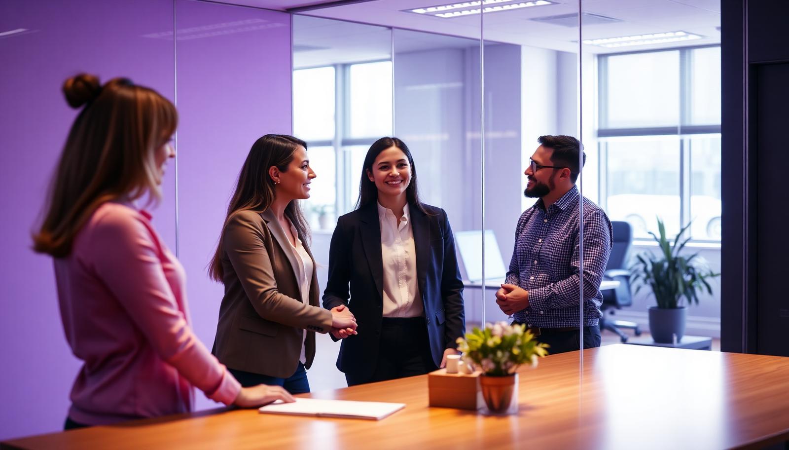 Equipe recebendo uma nova pessoa no escritório, em luz quente de fim de tarde