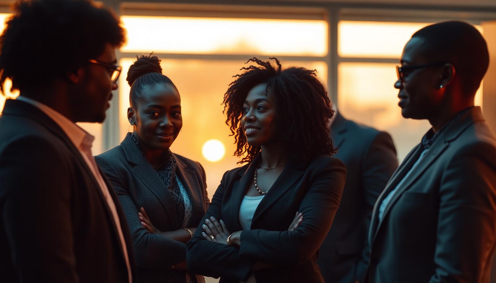 Profissionais negras e negros conversando em um escritório iluminado pela luz alaranjada do fim de tarde