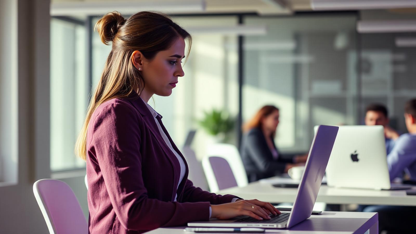 Profissional cansada diante do notebook em escritório com luz natural em tons de violeta, presente fisicamente mas desconectada do trabalho