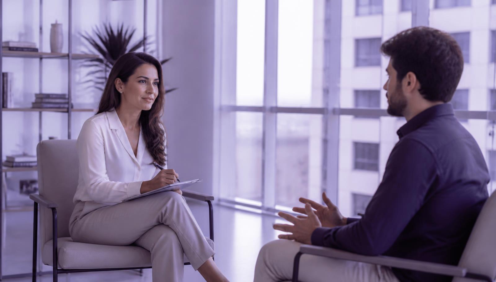 Duas pessoas sentadas frente a frente em uma conversa de mentoria em sala clara com luz natural suave